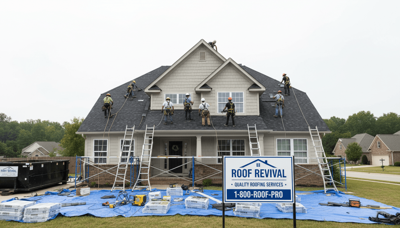 Full roof replacement project with multiple workers on residential home exterior, coordinated construction team