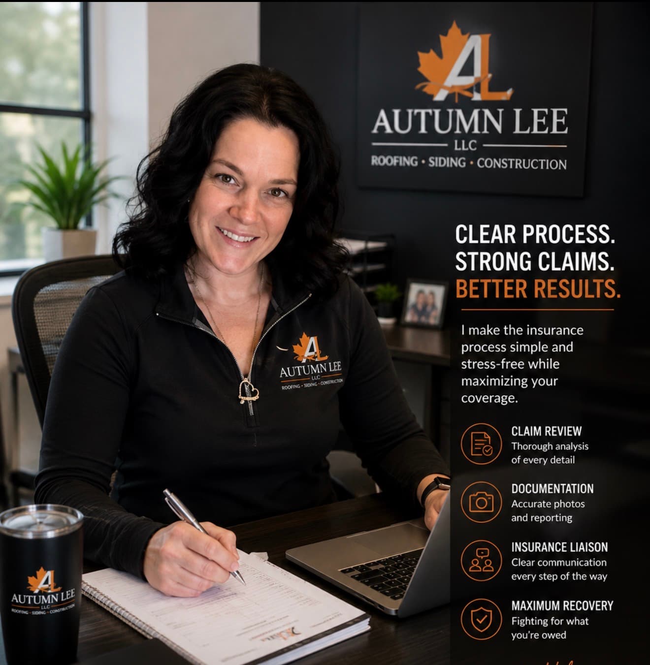 Smiling woman at a desk with a laptop, promoting Autumn Lee LLC insurance claim services.
